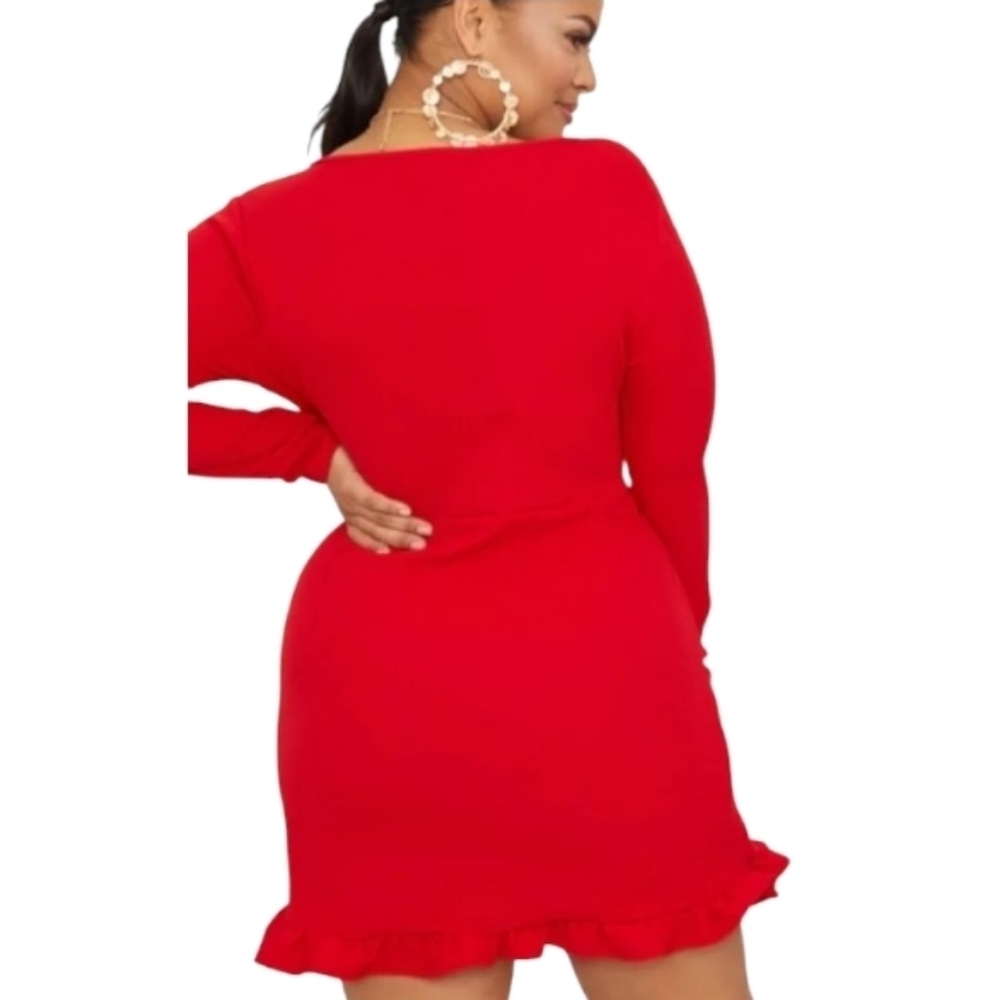 Pretty Little Thing Red Wrap Front Ruffle Detail Long Sleeve Dress Size 14 - Picture 2 of 9